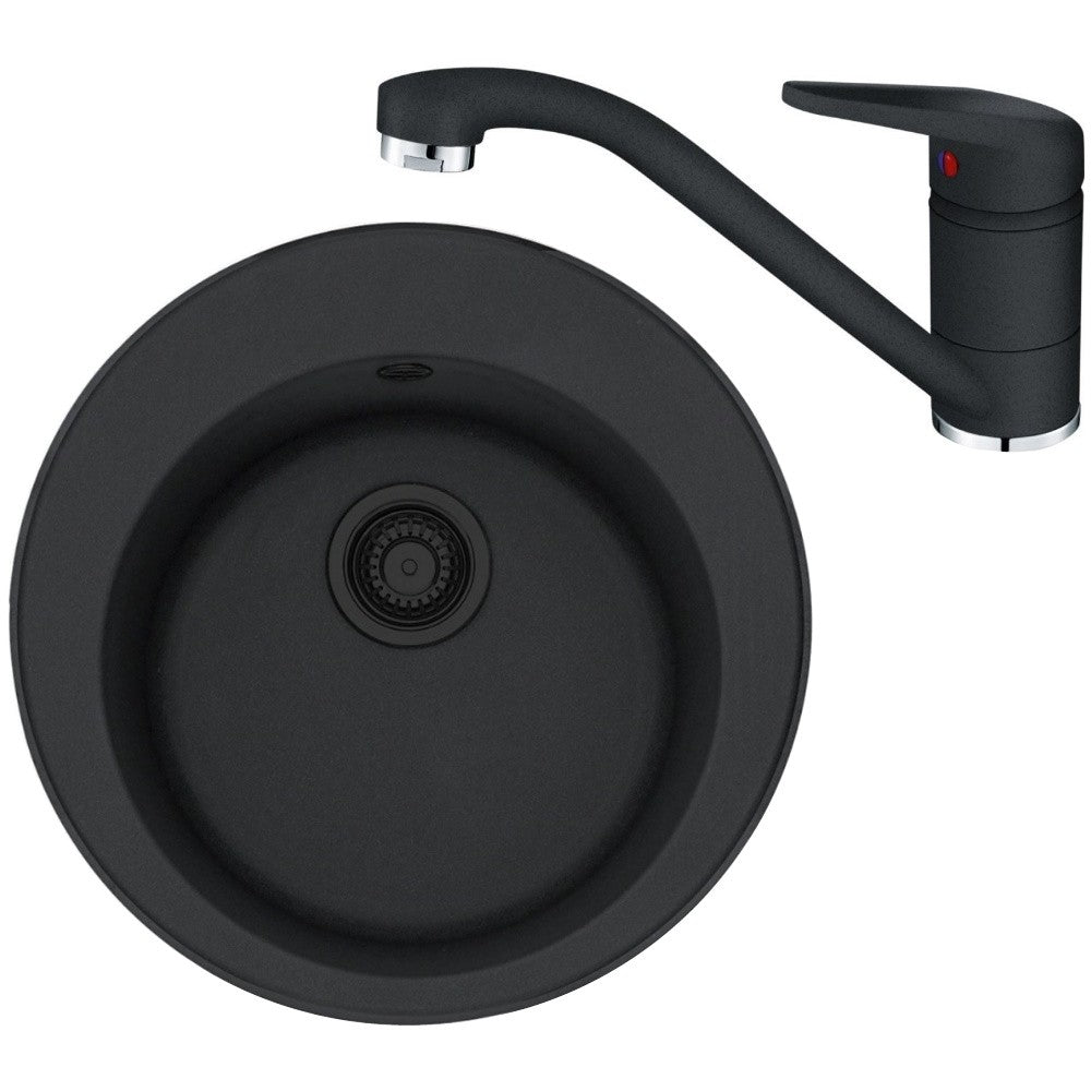 Franke Rotondo ROG 610 VN Set chiuveta bucatarie granit Ø51 cm cu baterie monocomanda Novara Plus, negru