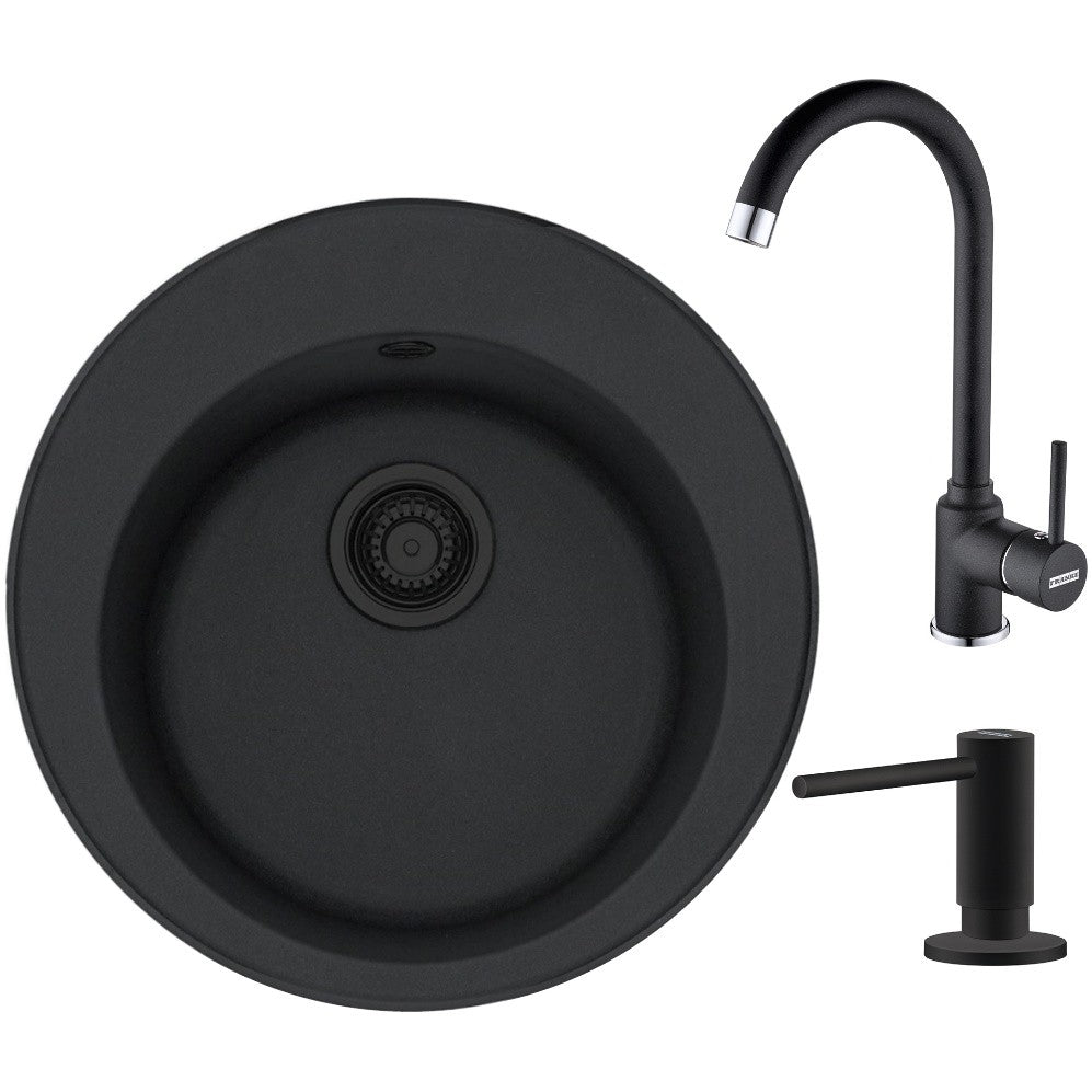 Franke Rotondo ROG 610 VN Set chiuveta bucatarie granit Ø51 cm cu baterie monocomanda Pola si dispenser sapun lichid, negru