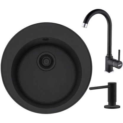 Franke Rotondo ROG 610 VN Set chiuveta bucatarie granit Ø51 cm cu baterie monocomanda Pola si dispenser sapun lichid, negru