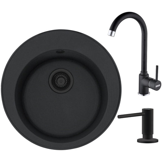 Franke Rotondo ROG 610 VN Set chiuveta bucatarie granit Ø51 cm cu baterie monocomanda Pola si dispenser sapun lichid, negru
