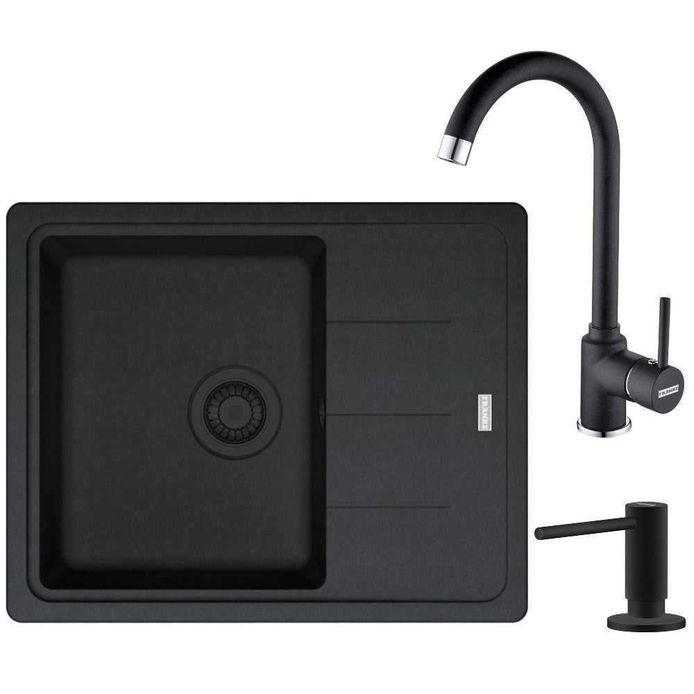 Franke Basis BFG 611-62 VN Set chiuveta bucatarie granit 62x50 cm cu baterie monocomanda Pola si dispenser sapun, negru
