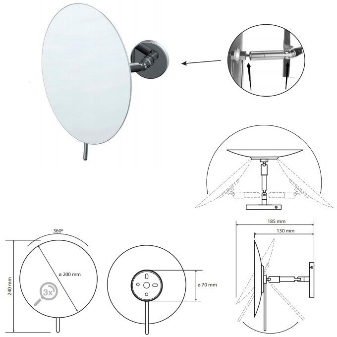 Bemeta Oglinda cosmetica Ø20 cm, brat pivotant 360°