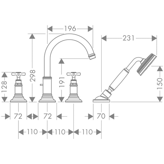 Hansgrohe Axor Montreux Baterie cada dus dubla comanda cu 4 iesiri, montaj langa cada