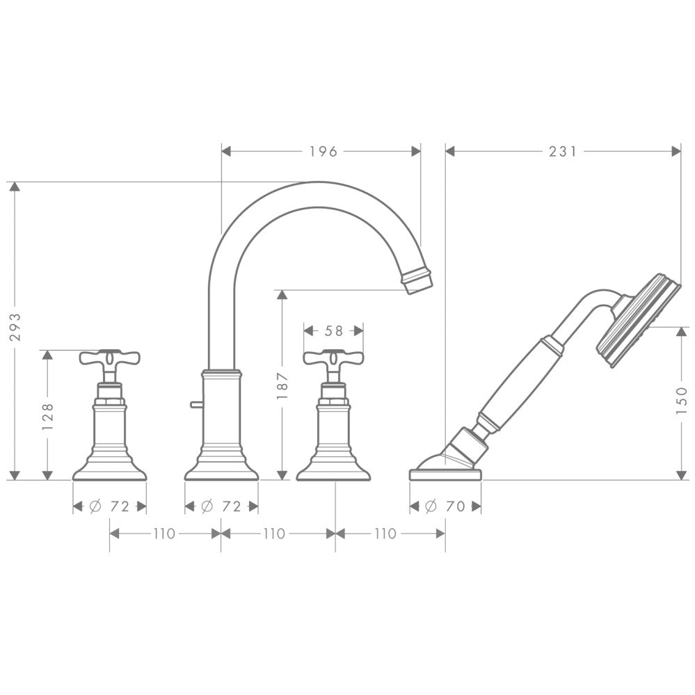 Hansgrohe Axor Montreux Baterie cada dus dubla comanda cu 4 iesiri, montaj pe cada