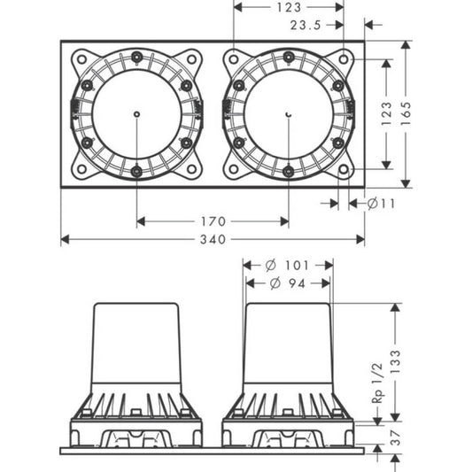 Hansgrohe Axor Montreux Set de baza pentru baterie cada si dus dubla comanda, montaj pe pardoseala