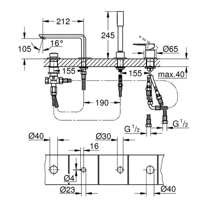 Grohe Lineare Baterie cada dus monocomanda si set dus, 4 orificii, crom