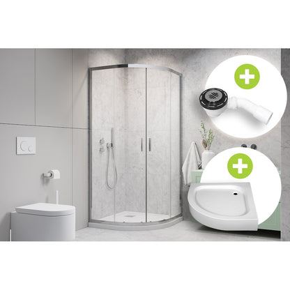 Set promo Cabina dus semirotunda cu usi glisante Radaway Alienta A900 90x90 cm, cadita si sifon