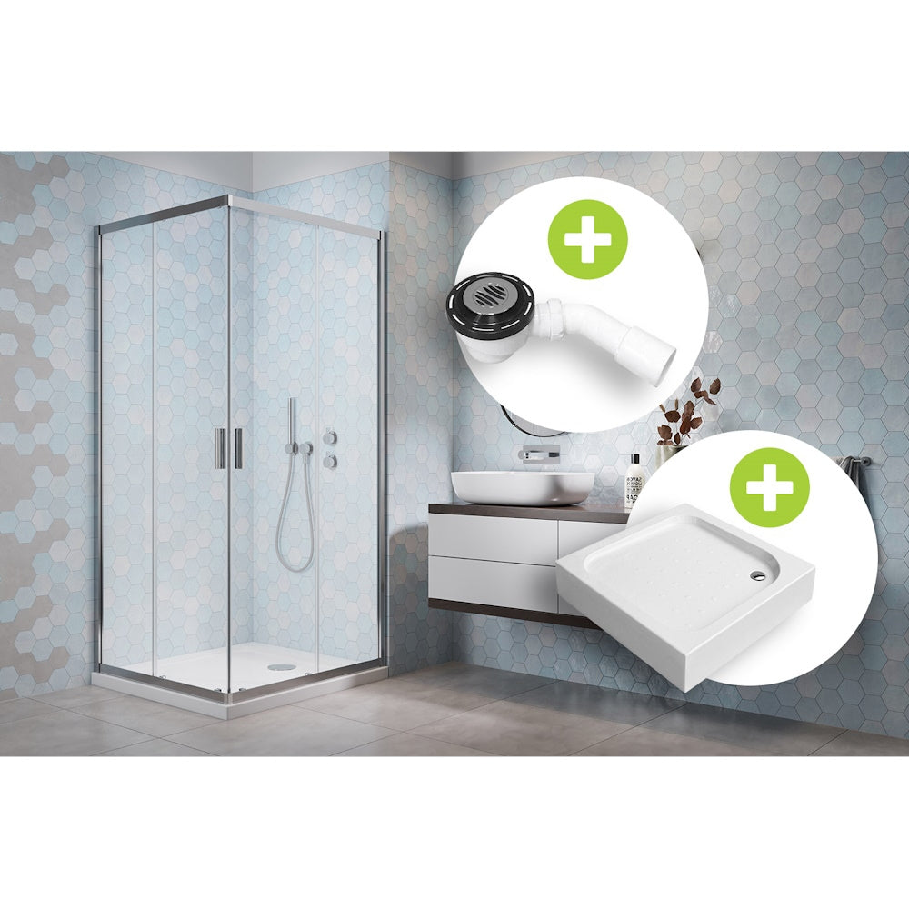 Set promo Cabina dus patrata cu usi glisante Radaway Alienta C800 80x80 cm, cadita si sifon