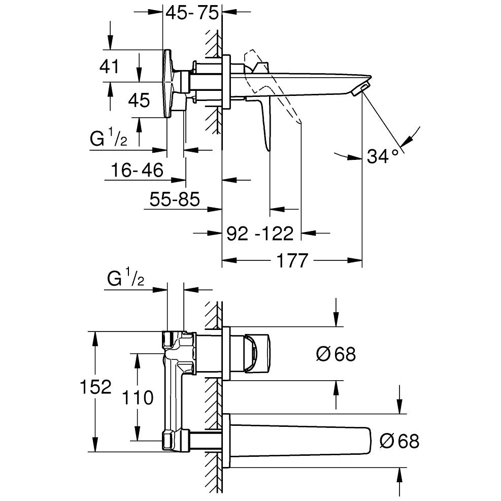 Baterie lavoar incastrata Grohe BauEdge, pipa 18 cm crom, set complet