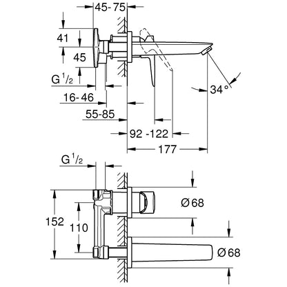 Baterie lavoar incastrata Grohe BauEdge, pipa 18 cm crom, set complet