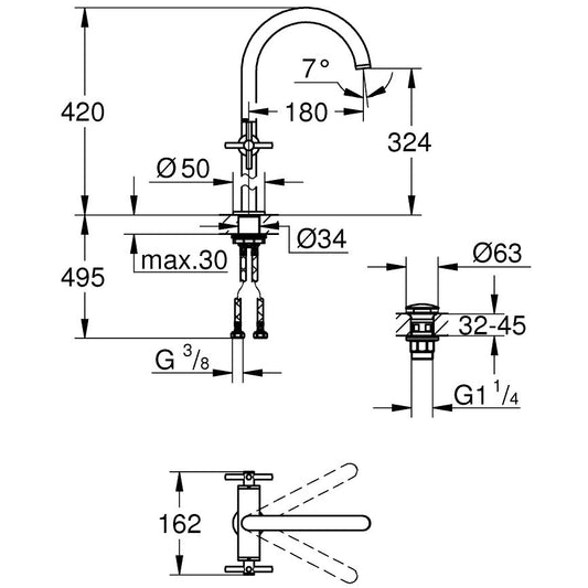 Baterie lavoar pe blat Grohe Atrio XL, dubla comanda, cu ventil click-clack