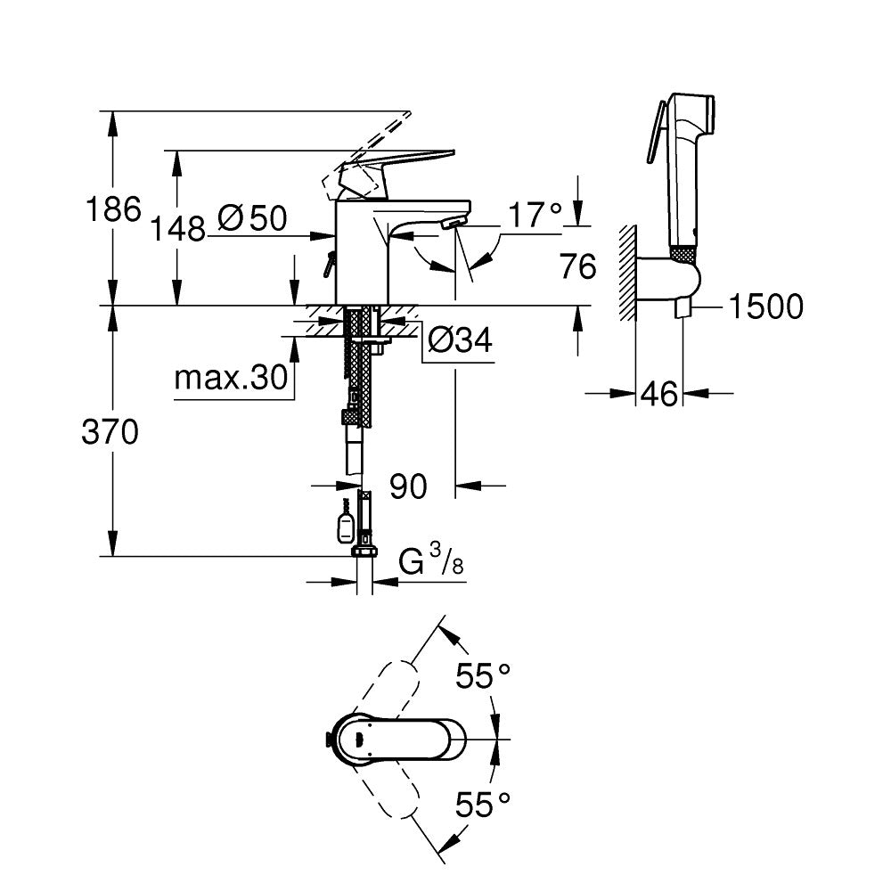 Baterie lavoar cu dus igienic Grohe Eurosmart Cosmopolitan, cu dus igienic, marime S