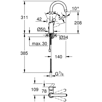 Baterie lavoar Grohe Eurosmart fara ventil, marime L, crom