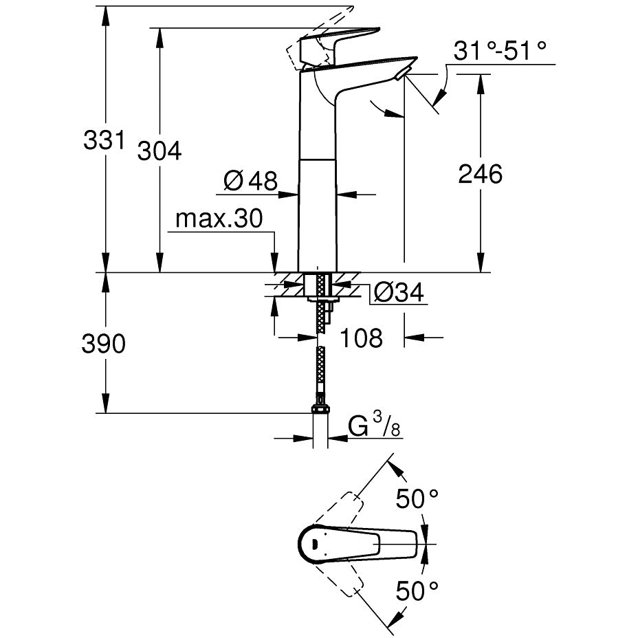 Baterie lavoar pe blat Grohe BauEdge, marime XL, crom
