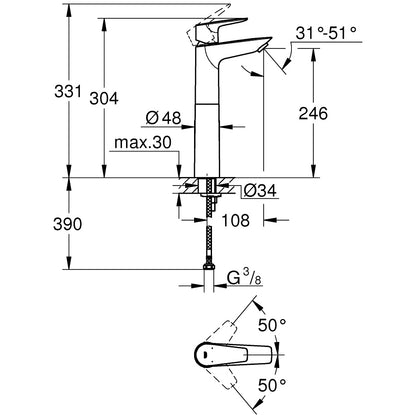 Baterie lavoar pe blat Grohe BauEdge, marime XL, crom