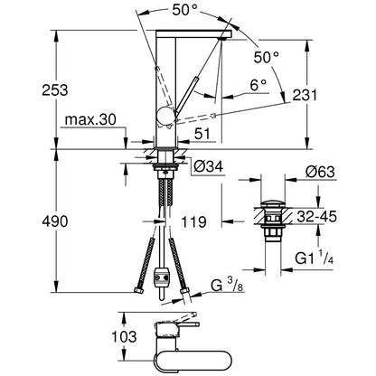 Baterie lavoar inalta Grohe Plus, cu dus extractibil marime L, ventil click-clack