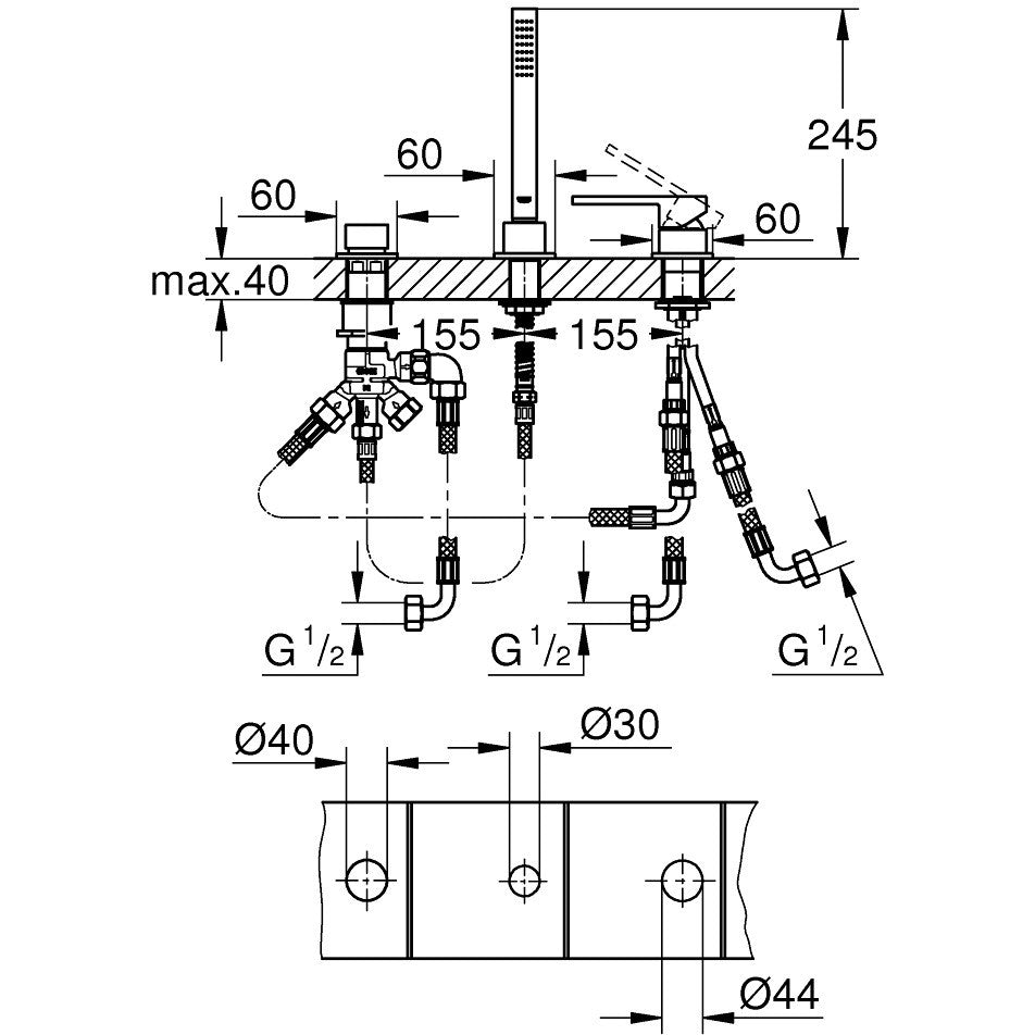 Grohe Plus Baterie cada dus monocomanda cu 3 orificii si set dus, montaj pe cada