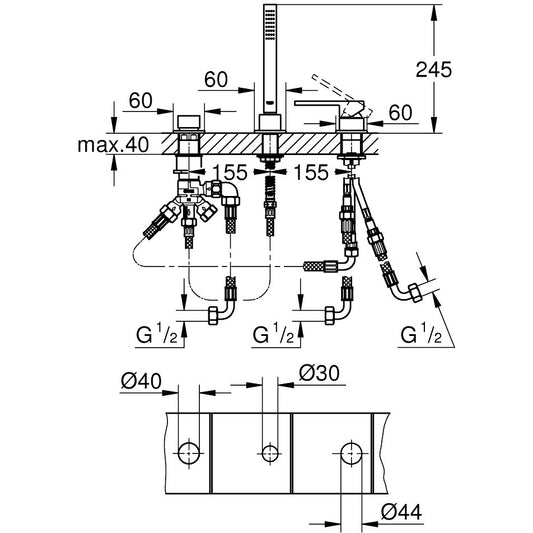 Grohe Plus Baterie cada dus monocomanda cu 3 orificii si set dus, montaj pe cada