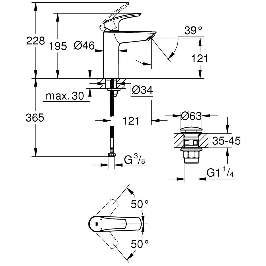 Baterie lavoar Grohe Eurosmart cu ventil click-clack, marime M, crom