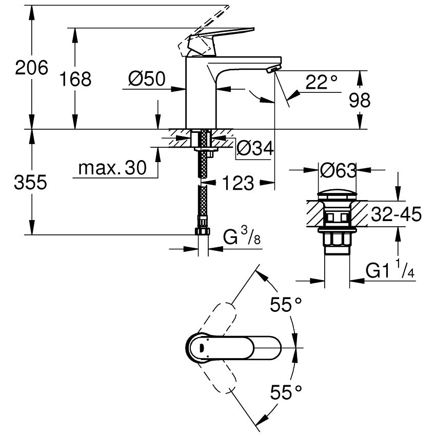Baterie lavoar Grohe Eurosmart Cosmopolitan, cu ventil click-clack, marime M