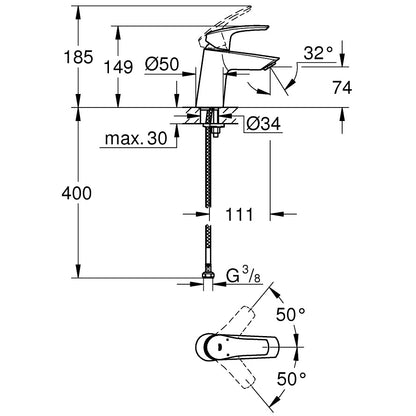 Baterie lavoar Grohe Eurosmart, H15 cm fara ventil, marime S