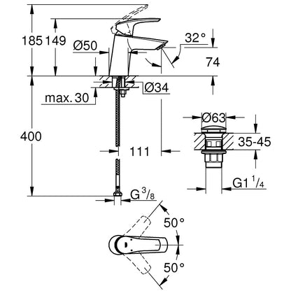 Baterie lavoar Grohe Eurosmart, H15 cm cu ventil click-clack, marime S