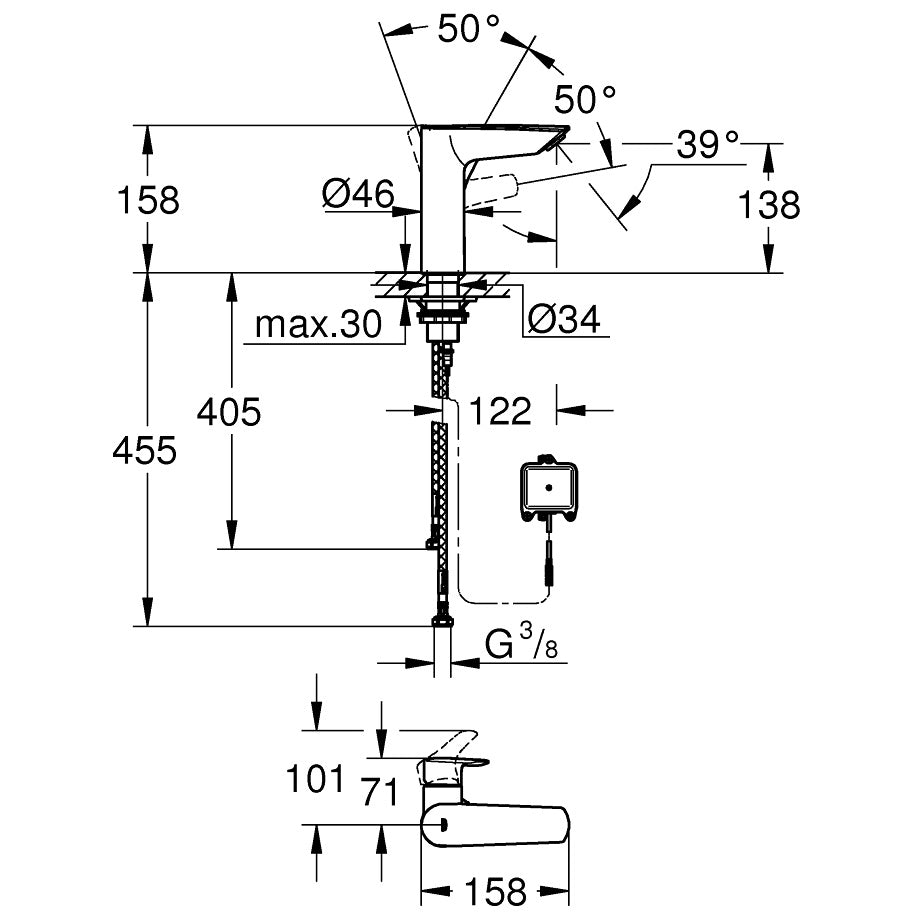 Grohe Eurosmart Baterie lavoar monocomanda cu infrarosu, baterie 6V fara mixare apa, senzor bidirectional, negru mat