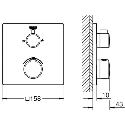 Grohe Grohtherm Baterie cada dus cu termostat, 2 iesiri, patrata, crom