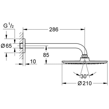 Palarie dus fix Grohe Rainshower Cosmopolitan, cu brat, montaj pe perete, Ø21 cm