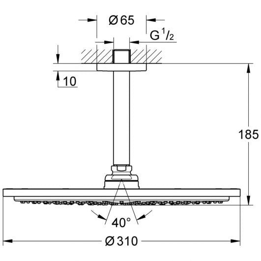Palarie dus fix Grohe Rainshower Cosmopolitan, Ø31 cm cu brat, limitator, montaj pe tavan, crom