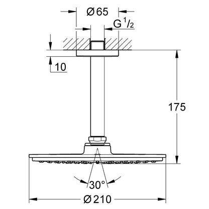 Palarie dus fix Grohe Rainshower Cosmopolitan, cu brat, cu limitator de debit, montaj pe tavan, Ø21 cm