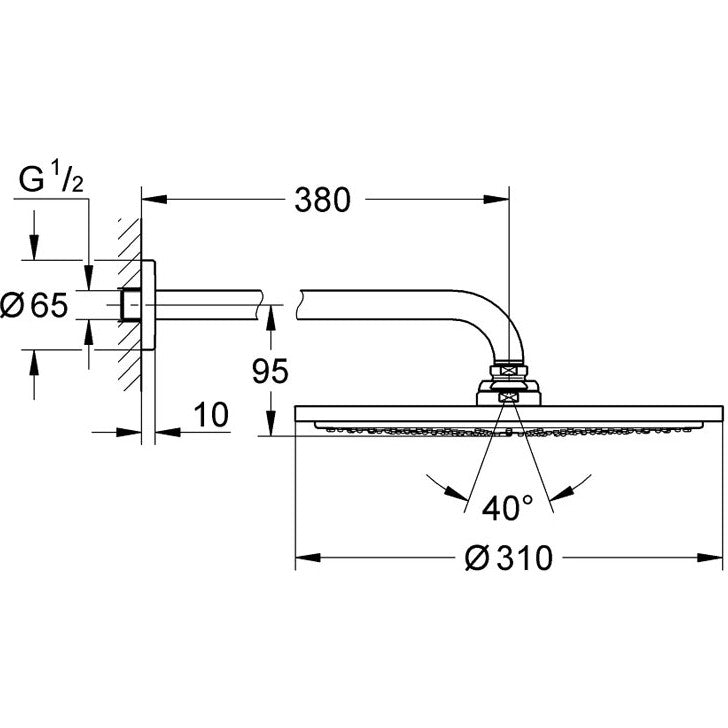 Palarie dus fix Grohe Rainshower Cosmopolitan 310, cu brat 5753600131 cm, montaj pe perete, fara limitator de debit