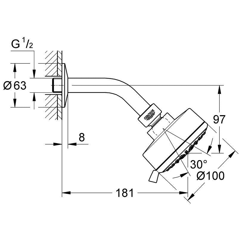 Palarie dus fix Grohe New Tempesta Cosmopolitan 100, Ø10 cm cu brat, 3 jeturi