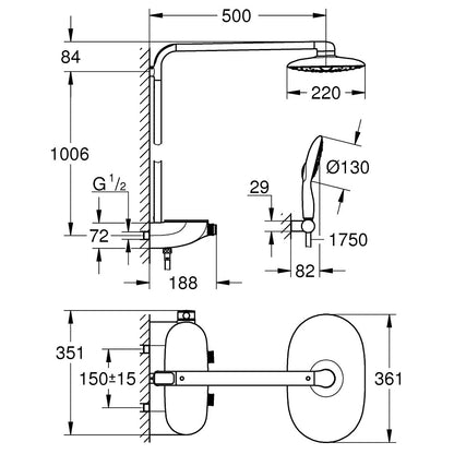 Coloana dus cu baterie si termostat Grohe Rainshower SmartControl 360 Mono