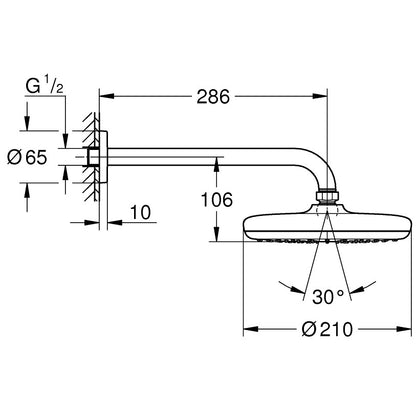 Palarie dus fix Grohe Tempesta 210, Ø21 cm cu brat, montaj pe perete