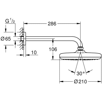 Palarie dus fix Grohe Tempesta 210, cu brat Ø21 cm, montaj pe perete