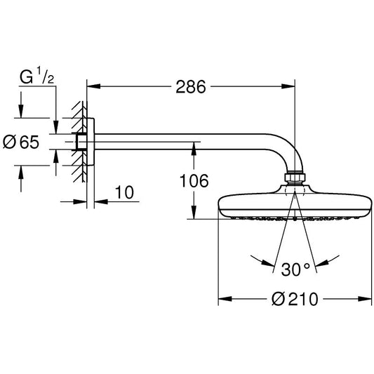 Palarie dus fix Grohe Tempesta 210, cu brat Ø21 cm, montaj pe perete