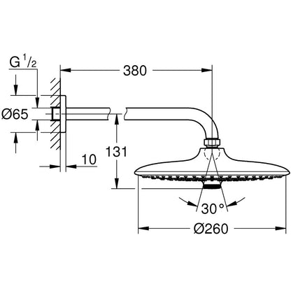 Palarie dus fix Grohe Euphoria 260, Ø26 cm cu brat, montaj pe perete