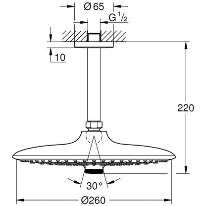 Palarie dus fix Grohe Euphoria 260, Ø26 cm cu brat, montaj pe tavan