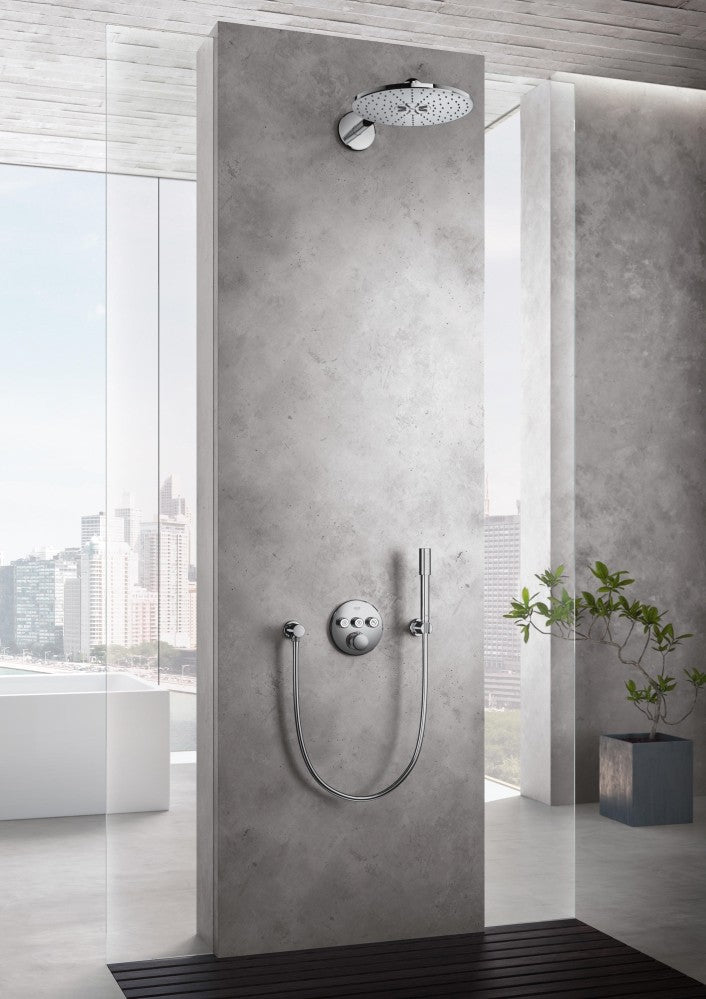 Palarie dus fix Grohe Rainshower 310 SmartActive, Ø31 cm cu brat, montaj pe perete, crom