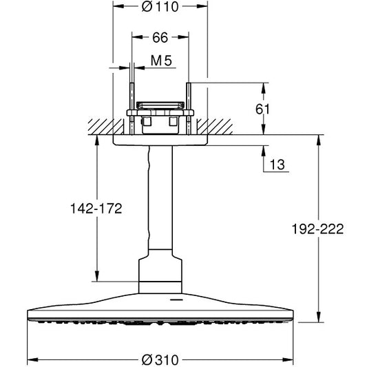Palarie dus fix Grohe Rainshower 310 SmartActive, Ø31 cm cu brat, montaj pe tavan, crom