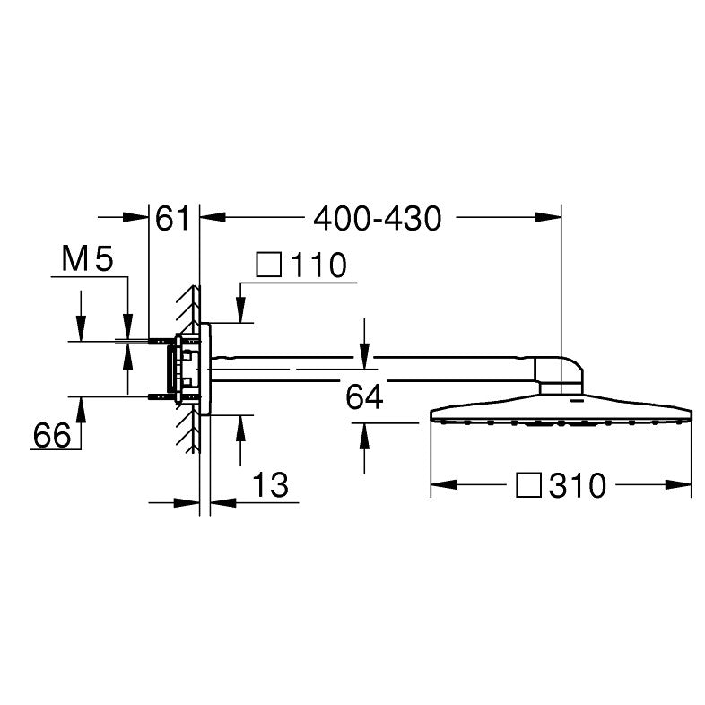 Palarie dus fix Grohe Rainshower 310 SmartActive Cube, cu brat 31x31 cm, crom