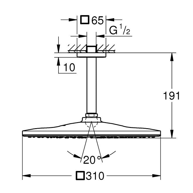 Palarie dus fix Grohe Rainshower Mono 310, 31x31 cm cu brat, montaj pe tavan, crom