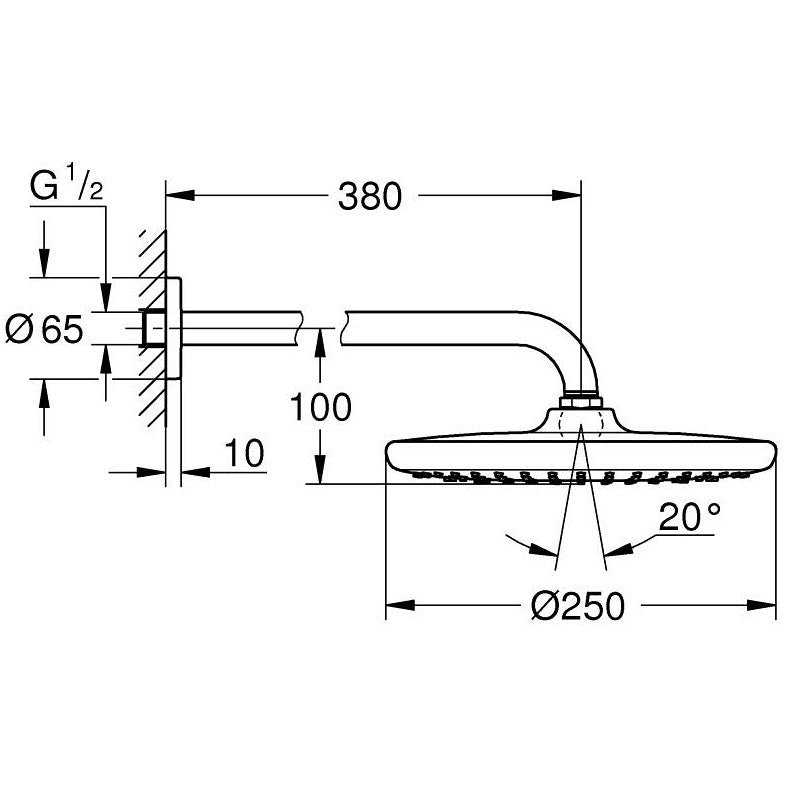 Palarie dus fix Grohe Tempesta 250, Ø25 cm cu brat, montaj pe perete