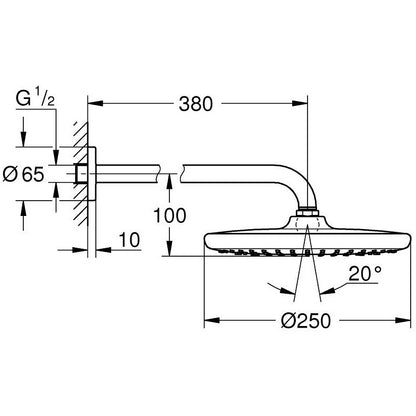 Palarie dus fix Grohe Tempesta 250, Ø25 cm cu brat, montaj pe perete