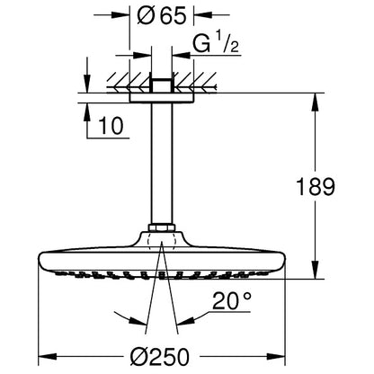 Palarie dus fix Grohe Tempesta 250, Ø25 cm cu brat, montaj pe tavan