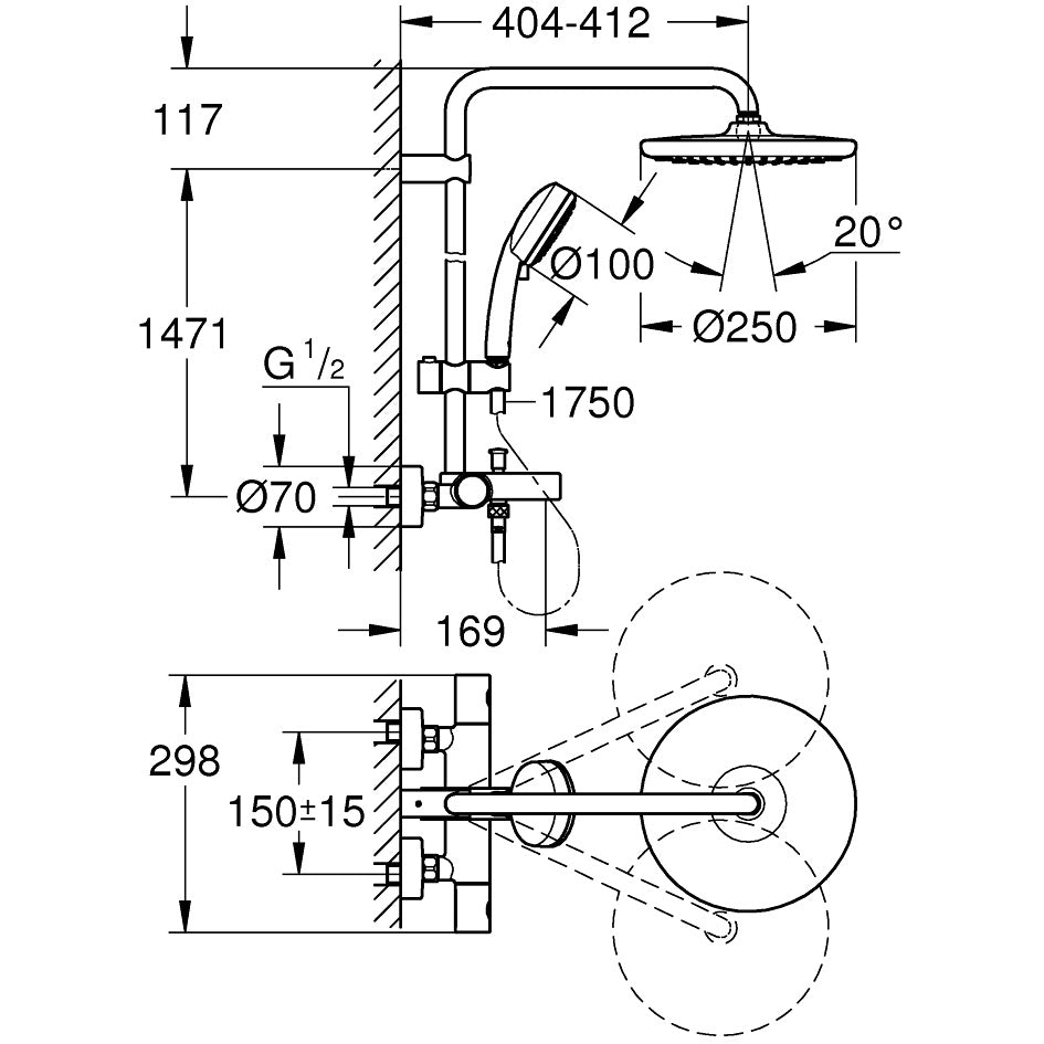 Coloana dus cu baterie si termostat Grohe Tempesta Cosmopolitan System 250 cu pipa cada