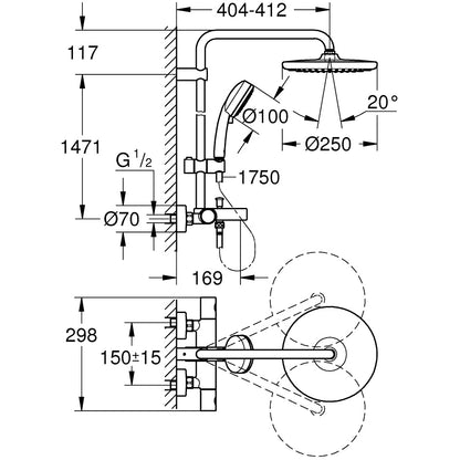 Coloana dus cu baterie si termostat Grohe Tempesta Cosmopolitan System 250 cu pipa cada