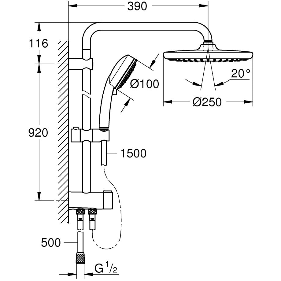 Coloana dus fara baterie Grohe Tempesta System 250, bara 92 cm