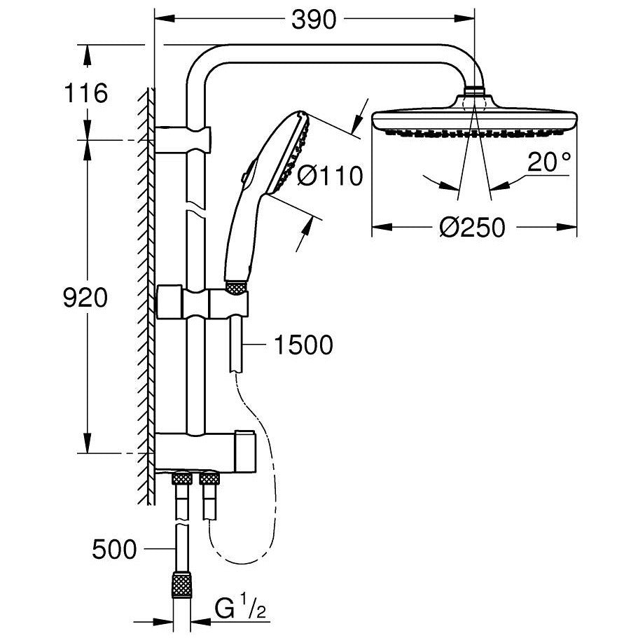 Coloana dus fara baterie Grohe Tempesta System 250 bara 92 cm, crom